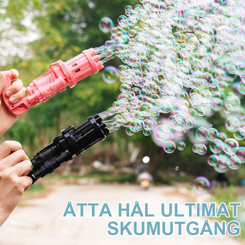 "Batteridriven såpbubbelpistol för barn med färgglada bubblor och ergonomiskt handtag i grön, rosa, gul och svart"