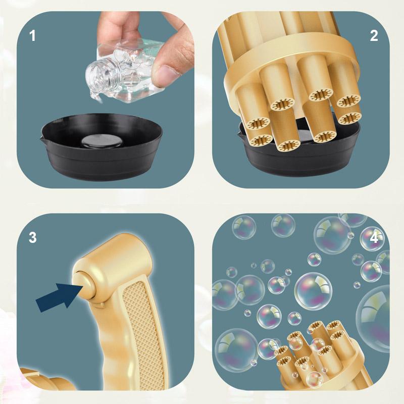 "Batteridriven såpbubbelpistol för barn med färgglada bubblor och ergonomiskt handtag i grön, rosa, gul och svart"