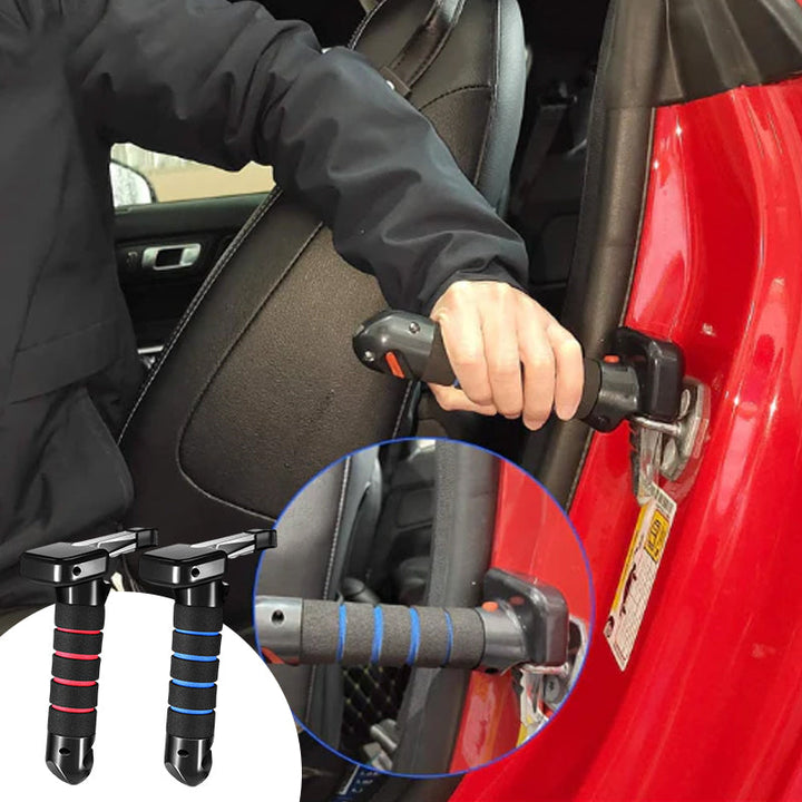 "Bilstödshandtag fäst på bildörr med halkfritt grepp och inbyggd säkerhetsfunktion för enkel och säker utstigning."