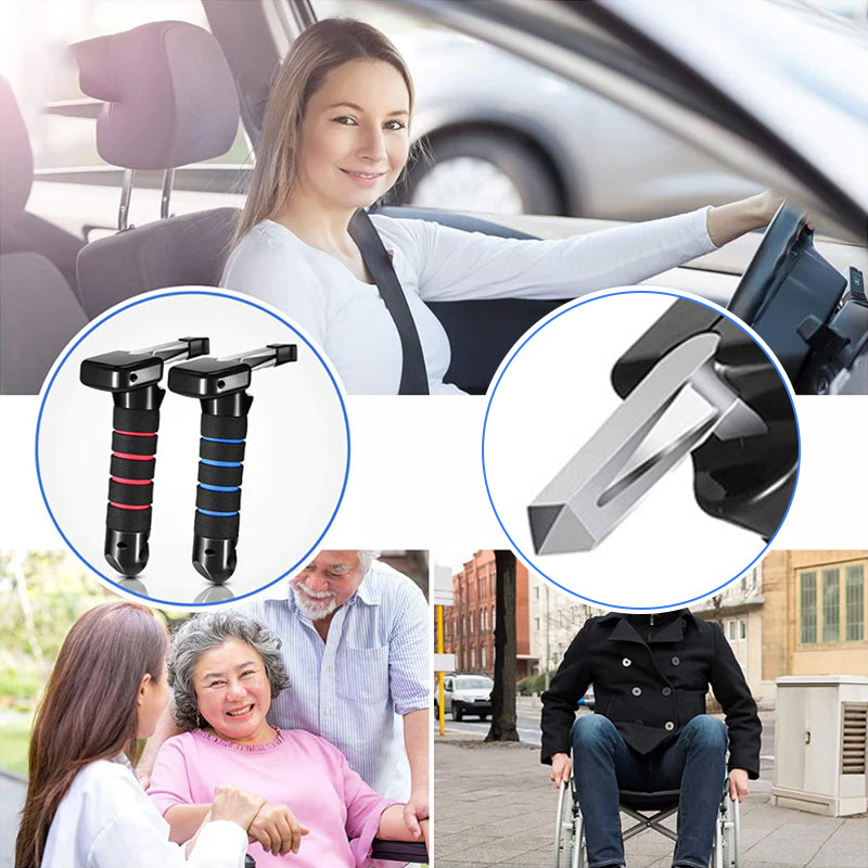 "Bilstödshandtag fäst på bildörr med halkfritt grepp och inbyggd säkerhetsfunktion för enkel och säker utstigning."