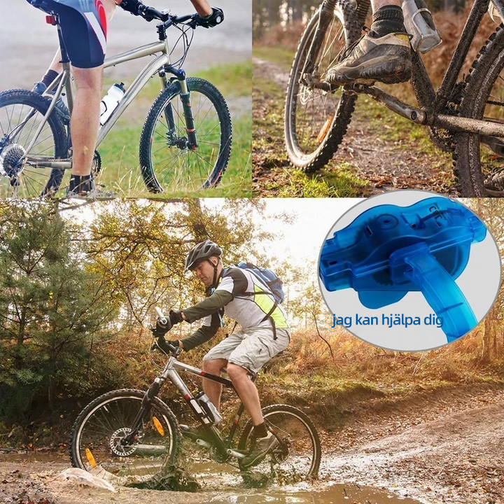 Blå cykelrengörare för kedja, justerbar, tar bort smuts snabbt med flera borstar, perfekt för cykelunderhåll.