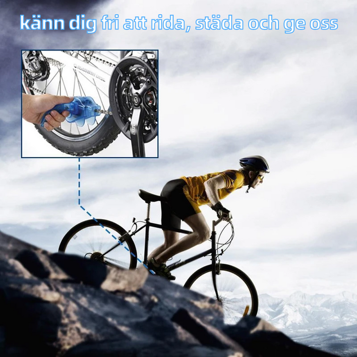 Blå cykelrengörare för kedja, justerbar, tar bort smuts snabbt med flera borstar, perfekt för cykelunderhåll.
