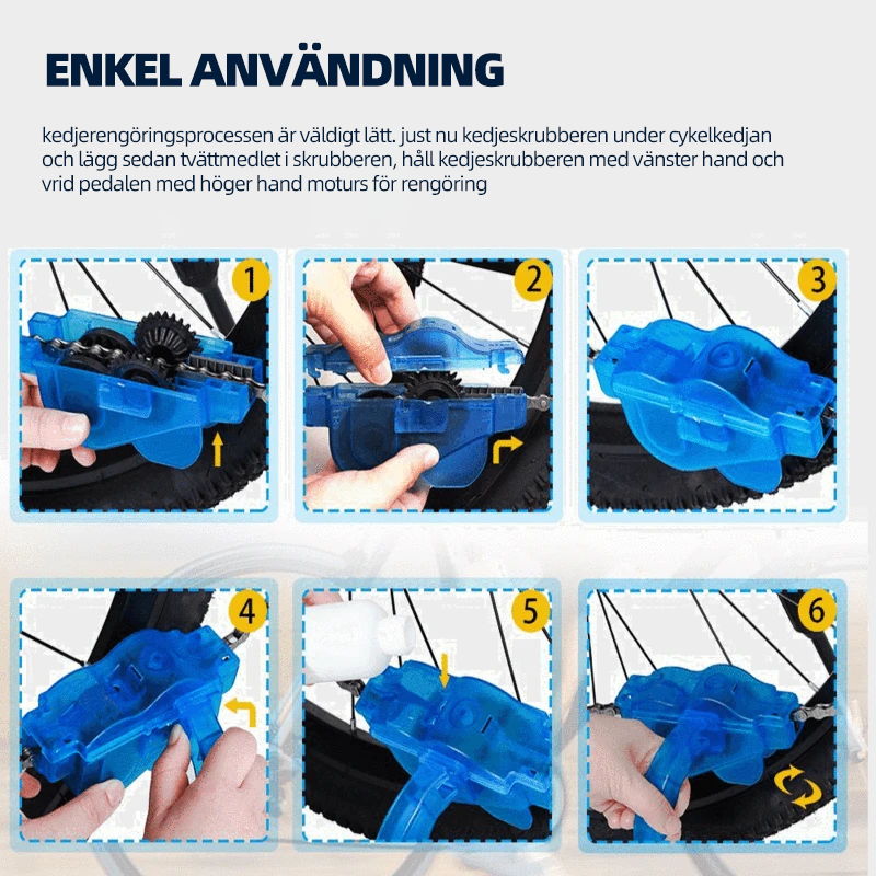 Blå cykelrengörare för kedja, justerbar, tar bort smuts snabbt med flera borstar, perfekt för cykelunderhåll.