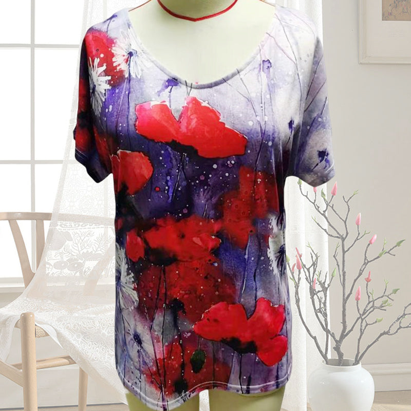 "Blommig V-ringad dam t-shirt i mjuk bomullsblandning med blomsterprint, kortärmad och modern design för vardagsbruk."