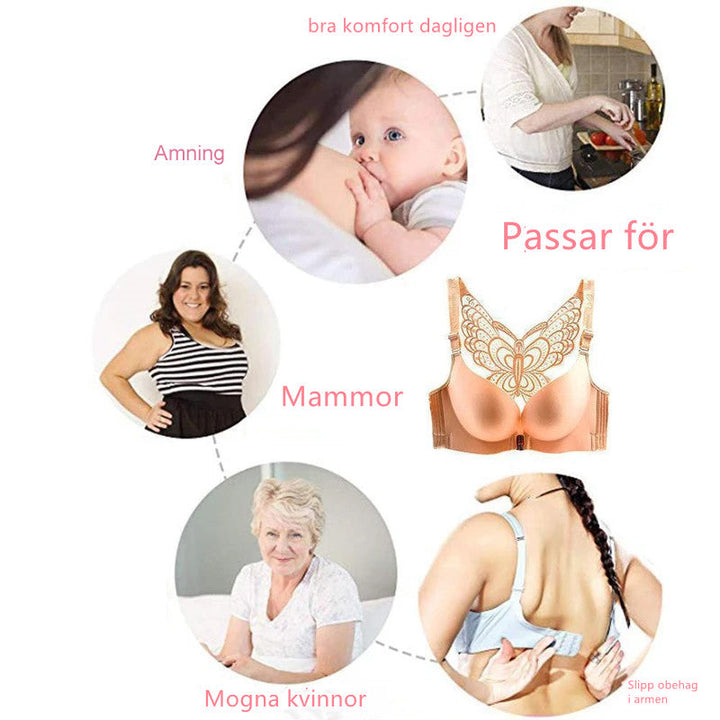 "Bygelfri dambh med fjärilsdekor, push-up, bekväm passform, finns i flera färger, sömlös komfort och justerbara band."