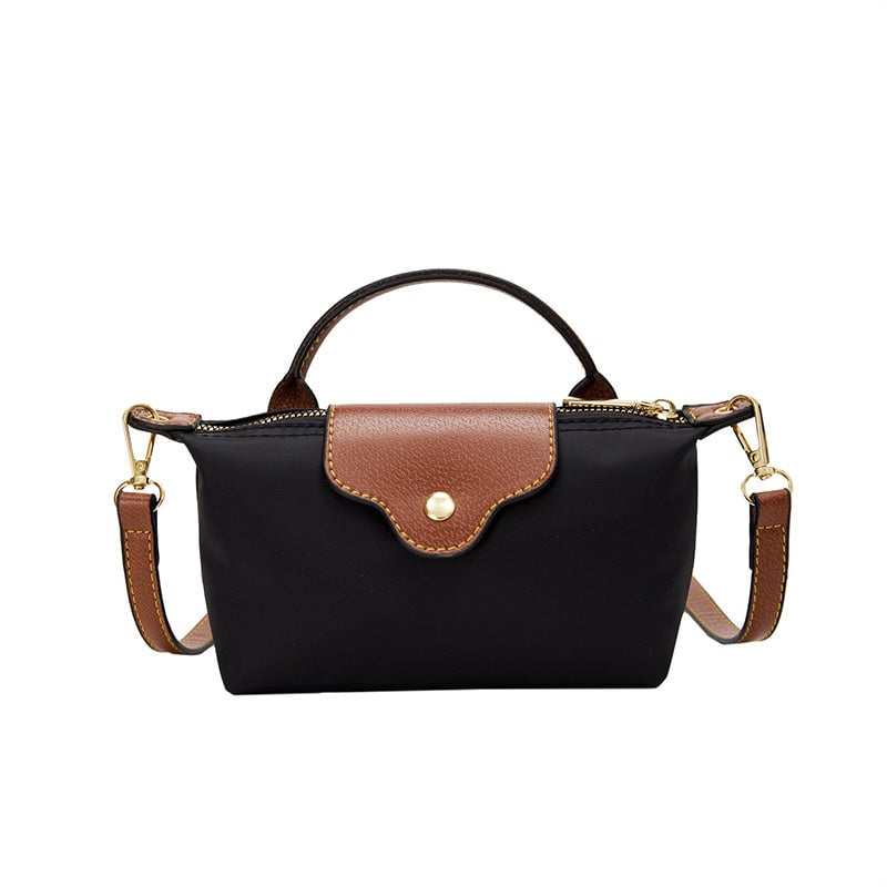 "Colorblock Mini Crossbody-väska för kvinnor, blått, svart och khaki mönster, slitstarkt nylon, justerbar rem."