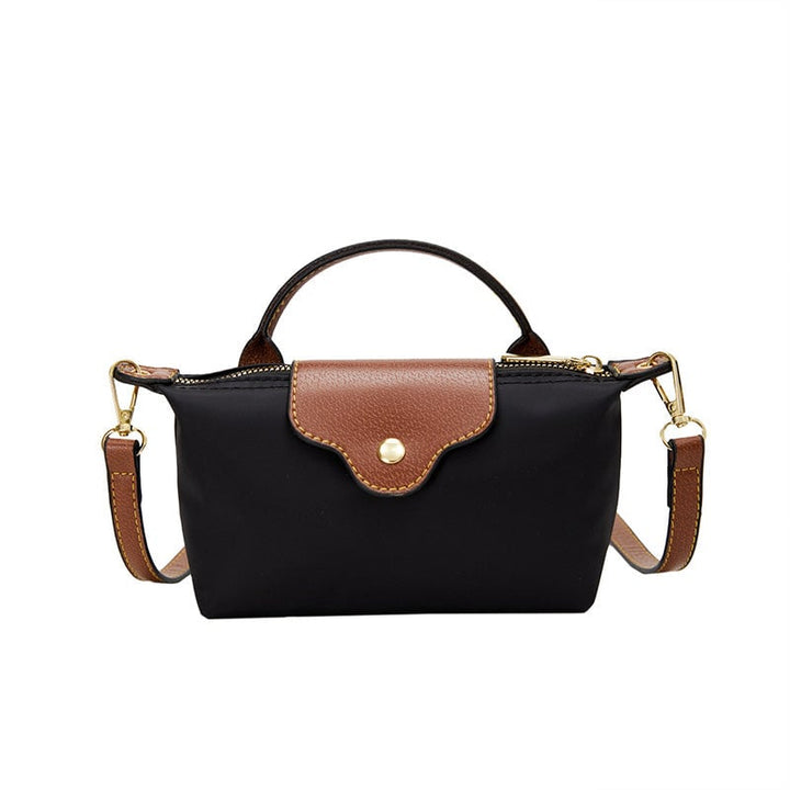 "Colorblock Mini Crossbody-väska för kvinnor, blått, svart och khaki mönster, slitstarkt nylon, justerbar rem."