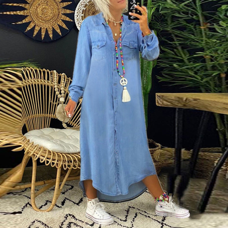 "Dam A-line denimklänning med lång ärmar, smickrande siluett, mjukt tyg, klassisk design, perfekt för vår och höst."