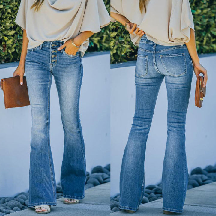 "Dam högmidjade 70-tals flare jeans, vintage stil, blå denim med smickrande passform och böjda midjesömmar."