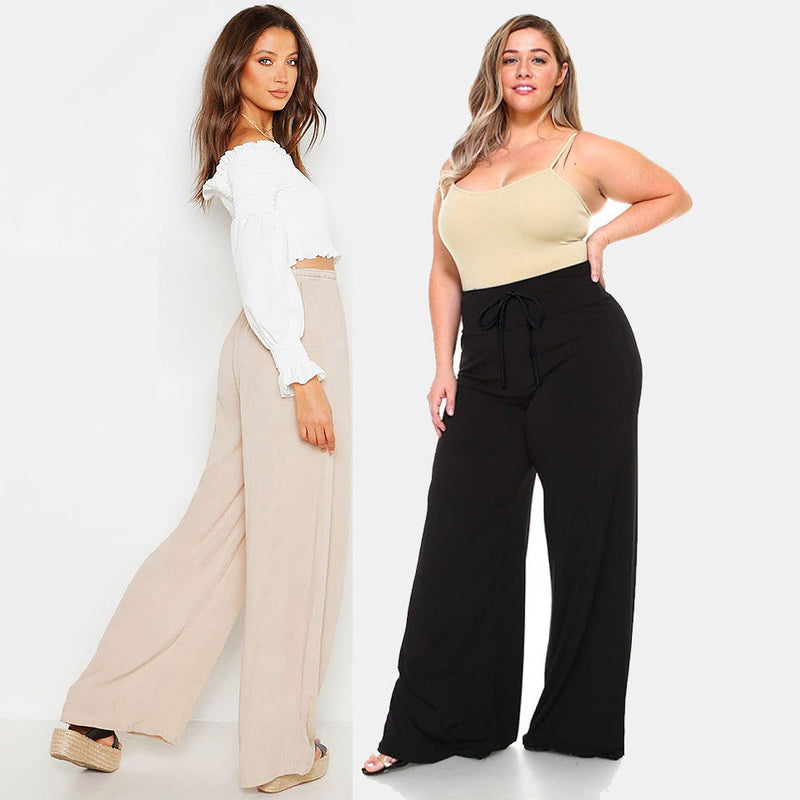 "Dam plus size vida byxor med hög midja, i silkesmjukt tyg och olika färger, elegant draperade för stil och komfort."