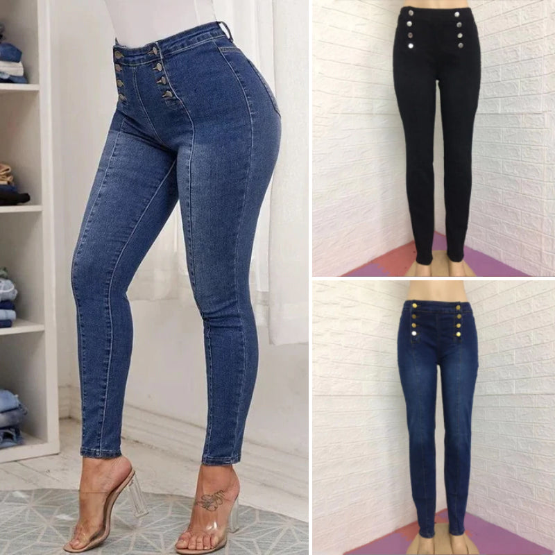 Dam skinny-jeans med hög midja i stretchigt denim, formande sömmar och böjt midjeband, blåfärgade framifrån.