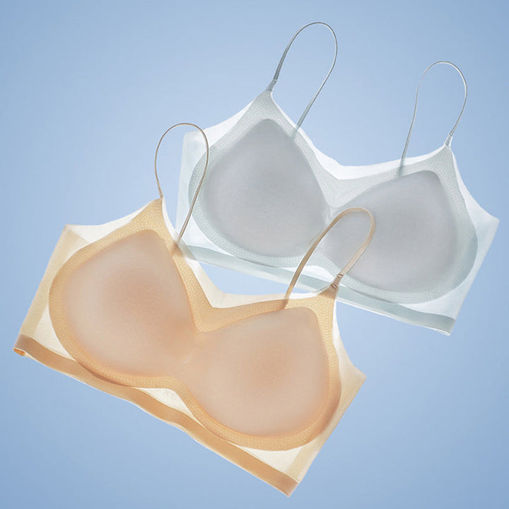 "Dam sömlös komfort-BH i plusstorlek med ice silk, töjbar trådlös design, vit färg, visar nära visning av materialet."