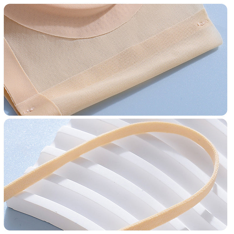 "Dam sömlös komfort-BH i plusstorlek med ice silk, töjbar trådlös design, vit färg, visar nära visning av materialet."