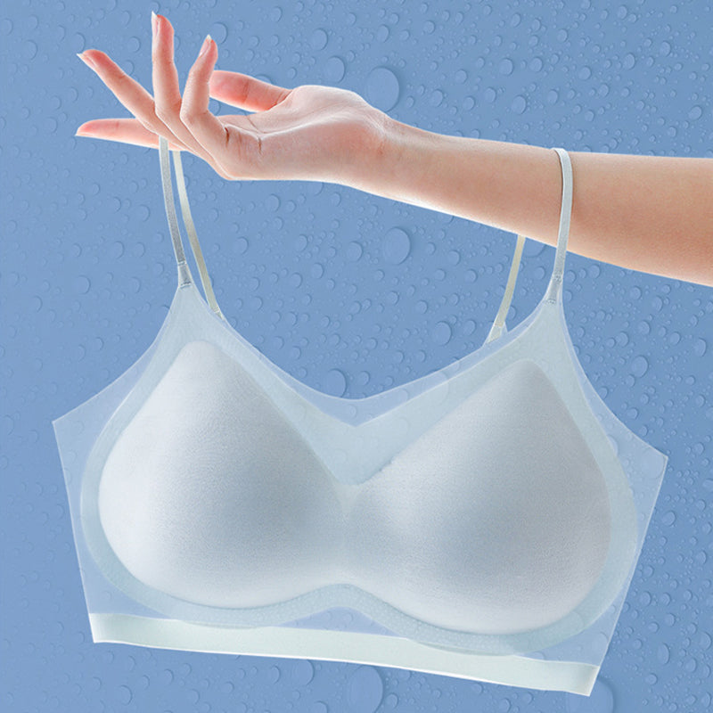 "Dam sömlös komfort-BH i plusstorlek med ice silk, töjbar trådlös design, vit färg, visar nära visning av materialet."