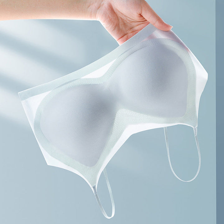 "Dam sömlös komfort-BH i plusstorlek med ice silk, töjbar trådlös design, vit färg, visar nära visning av materialet."