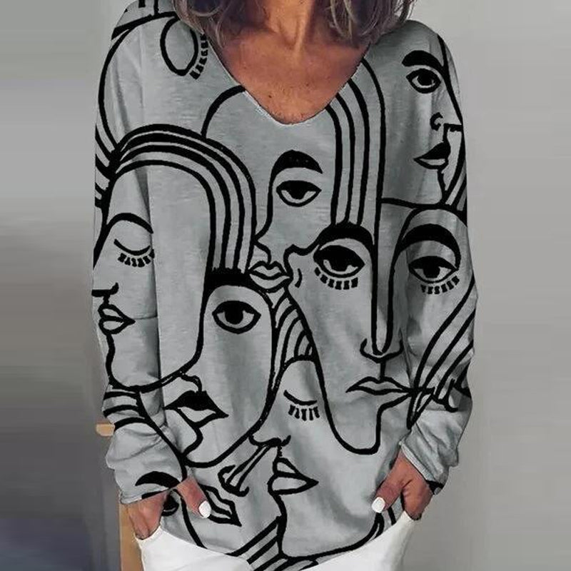 Dam T-shirt med abstrakt tryck, långärmad i polyesterblend, urban stil, flera färger, perfekt för avslappnat mode.