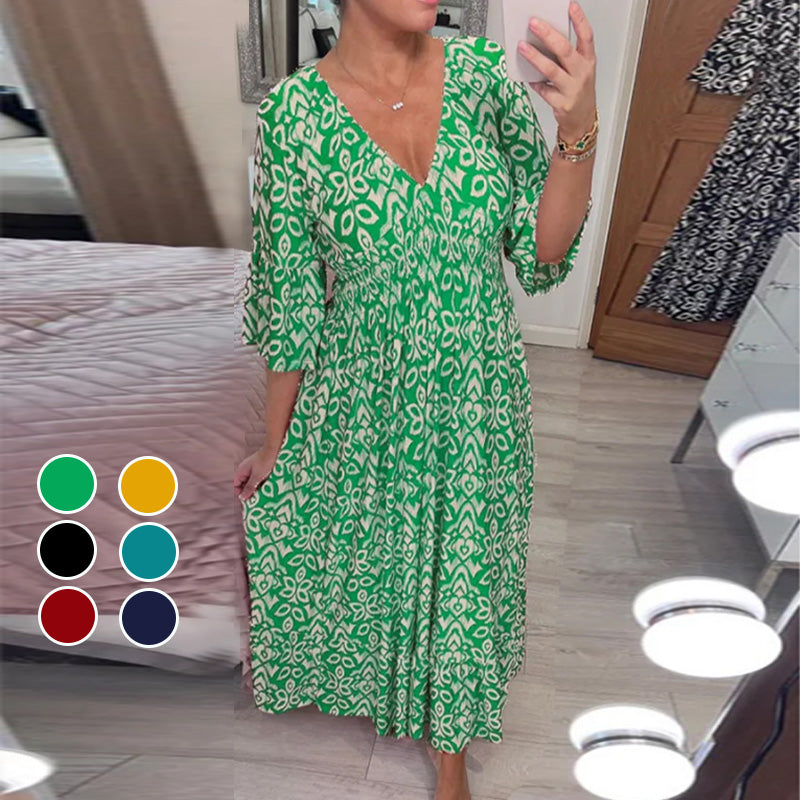 "Dam V-ringad A-linje klänning med utsvängda flare ärmar i elegant design, idealisk för vår- och sommarstilar."