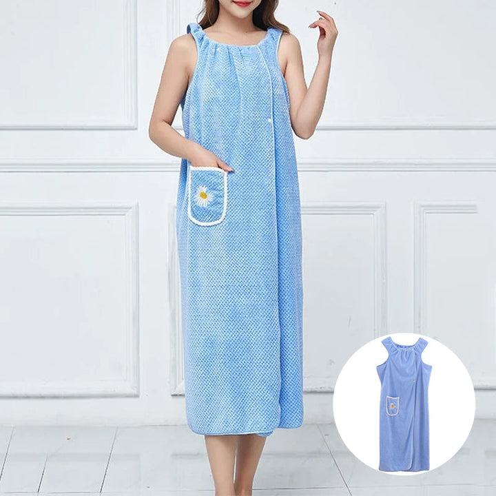 "Dambadrock, snabbtorkande, i lyxigt mjukt tyg och flexibelt designad för optimal komfort efter badet."