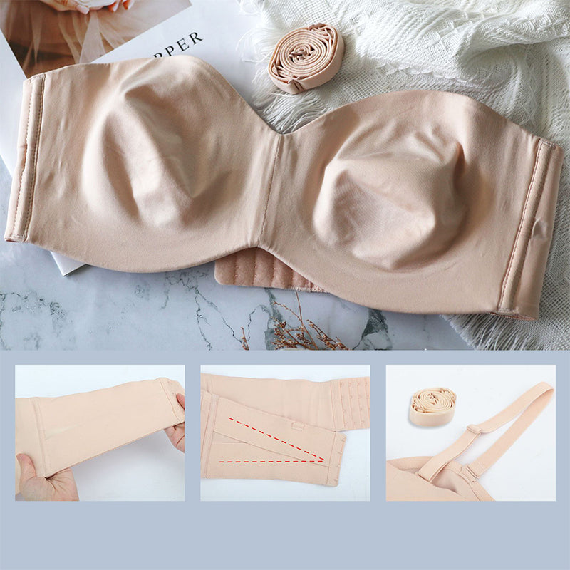 "Dambh konvertibel bandeau BH, vitt halkfritt tyg, avtagbara remmar, fullt stöd, elegant och sömlös design."