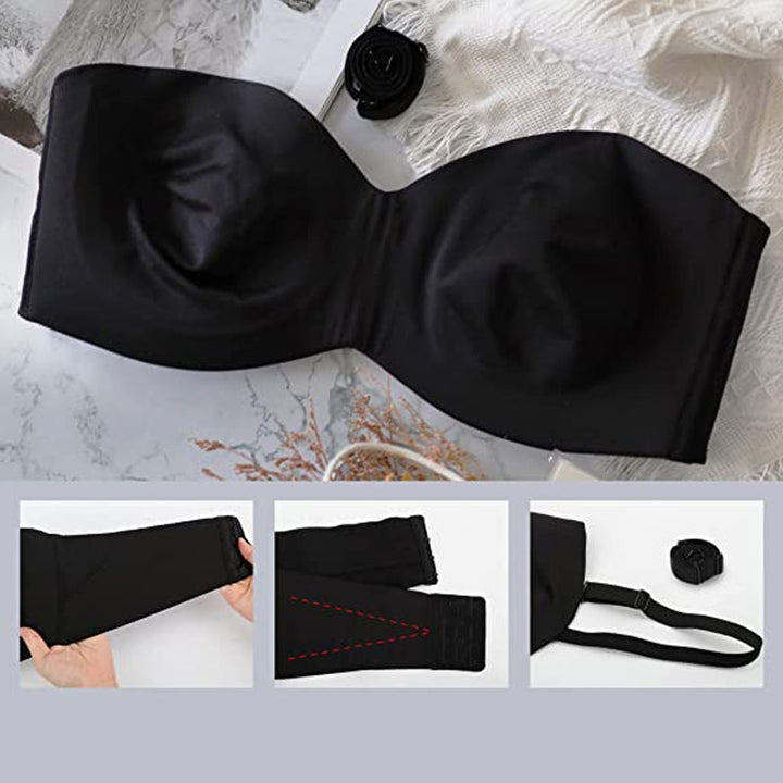 "Dambh konvertibel bandeau BH, vitt halkfritt tyg, avtagbara remmar, fullt stöd, elegant och sömlös design."