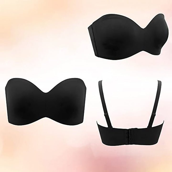 "Dambh konvertibel bandeau BH, vitt halkfritt tyg, avtagbara remmar, fullt stöd, elegant och sömlös design."