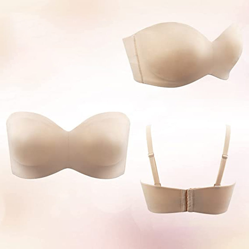 "Dambh konvertibel bandeau BH, vitt halkfritt tyg, avtagbara remmar, fullt stöd, elegant och sömlös design."