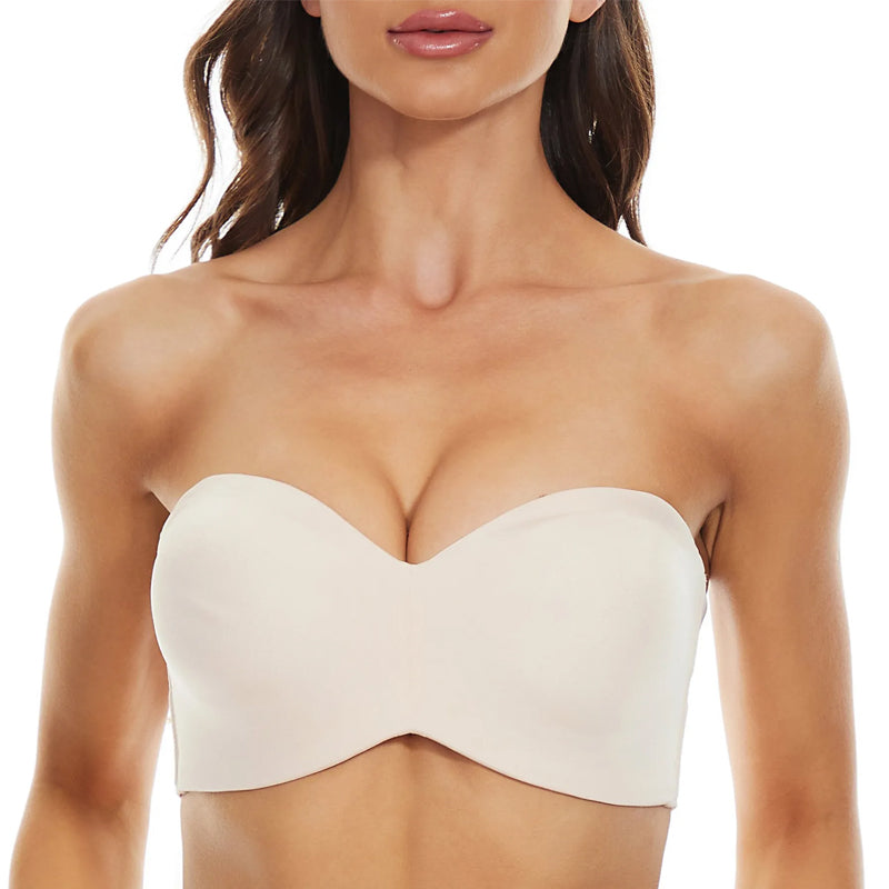 "Dambh konvertibel bandeau BH, vitt halkfritt tyg, avtagbara remmar, fullt stöd, elegant och sömlös design."