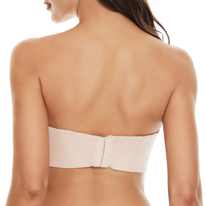 "Dambh konvertibel bandeau BH, vitt halkfritt tyg, avtagbara remmar, fullt stöd, elegant och sömlös design."