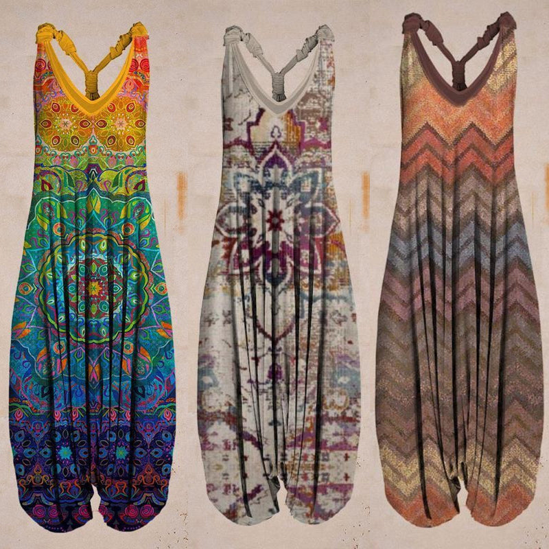 "Damer linne jumpsuit med tropiskt tryck, färgglatt blomtryck, rymlig passform, perfekt för sommar och semester."