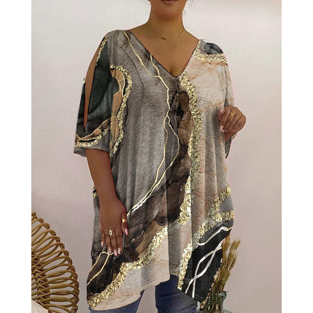 "Damer tryckt djup V croptop med halv ärm, modernt mönster. Perfekt för både casual och formella tillfällen."