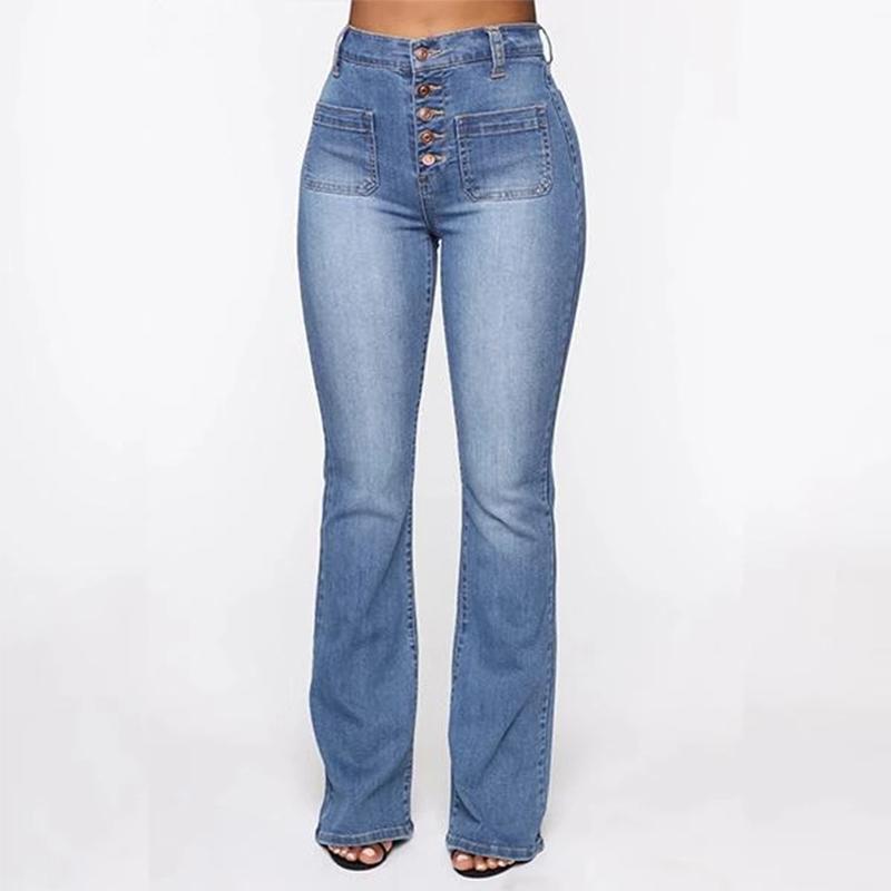 "Damhögmidjade tvättade stövelskurna jeans, framhäver figuren med stretch och andningsbart material i fyra färger."