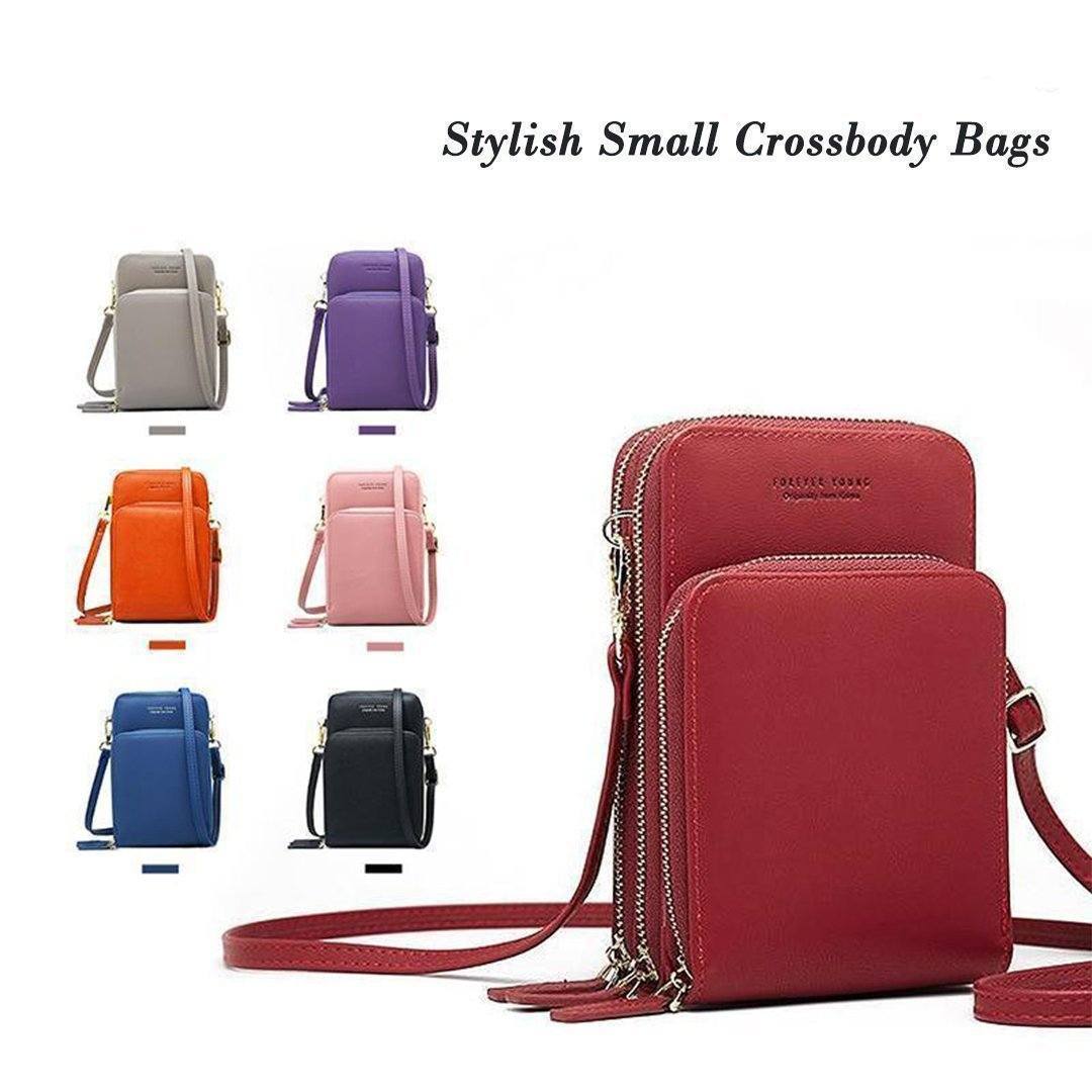 "Dams crossbody-väska i PU-läder med justerbar rem, elegant design, finns i svart, grå, orange, rosa, vinröd, lila, mörkblå."