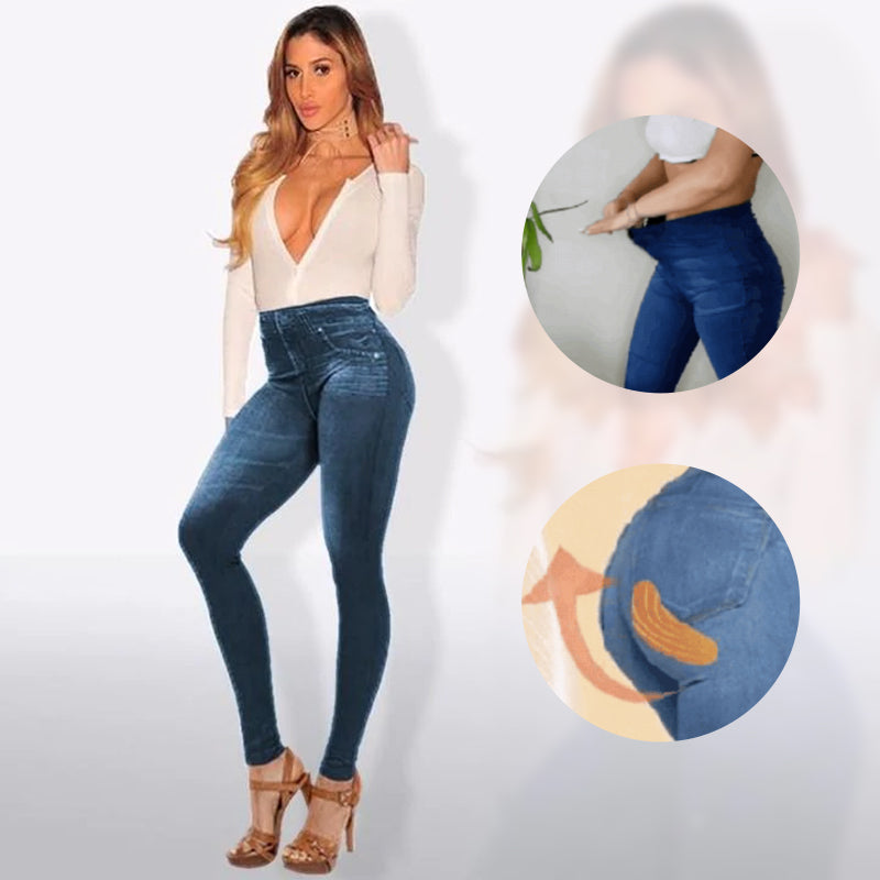 "Damstretchjeans i mörkblått, hög midja, formande passform, bomull-spandex, smidig siluett, bekväm denim"