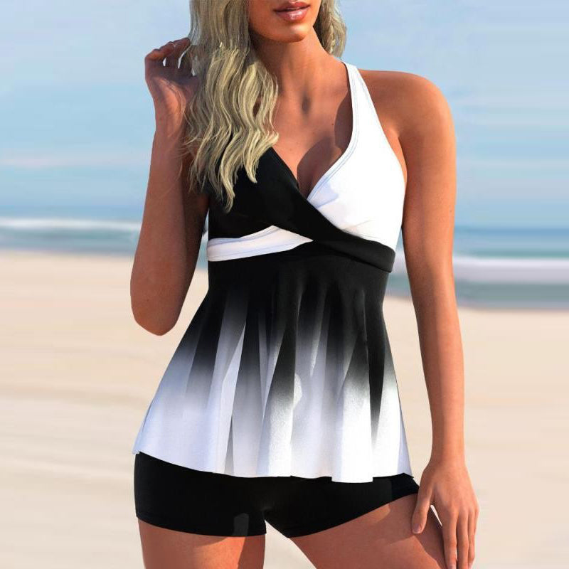 "Damtankini i färgblock, V-ringad, ärmlös, andningsbar, för strand/pool, chic stil för sommar, mjuka stretchmaterial."
