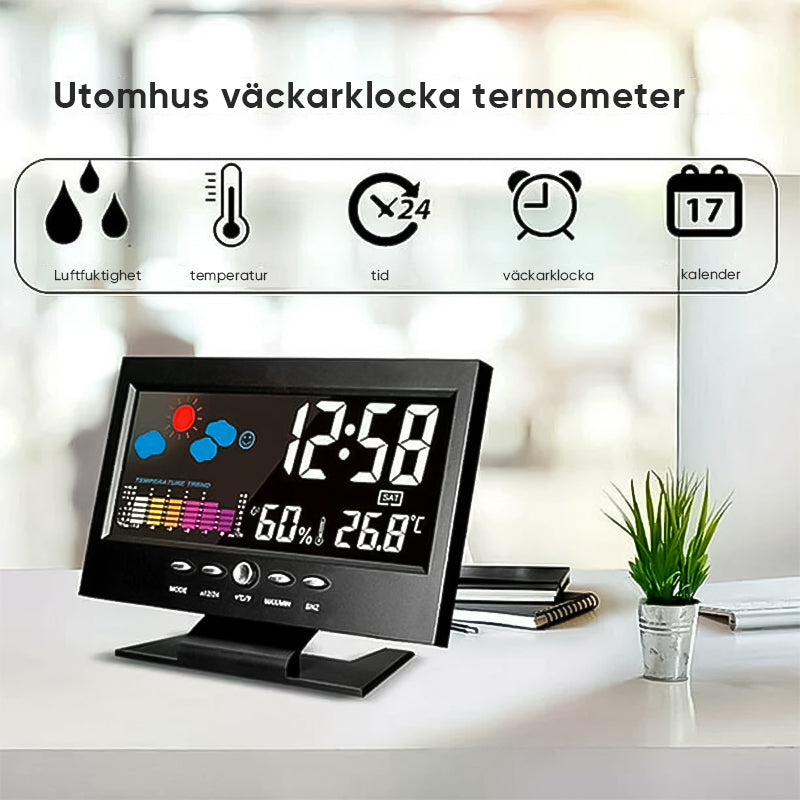 Digital LED-klocka med temperatur och fuktighet, stilren design, tydlig LCD, idealisk för tid, väder och modern livsstil.