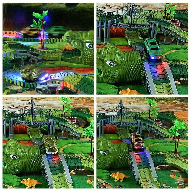 "Dinosaurie Loppbana för barn med snurrande spår och LED bilstöd, färgglad bana stimulerar kreativitet och motorik."