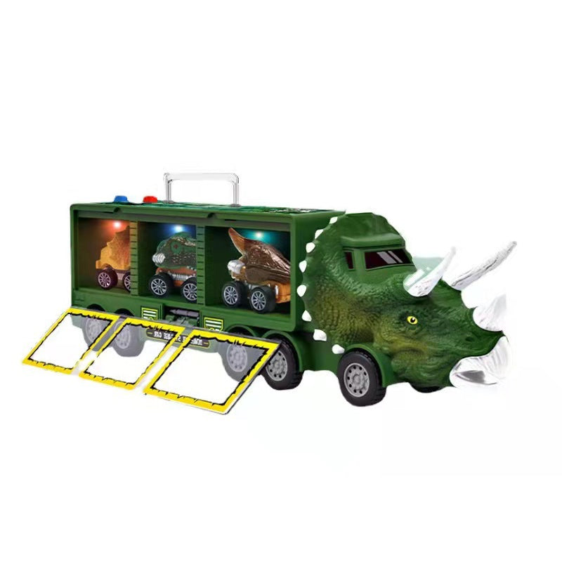 "Dinosaurie transportör med ljus och ljud för barn, grön leksaksbil med dinosauriedetaljer och bärhandtag."