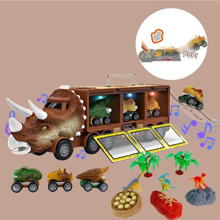 "Dinosaurie transportör med ljus och ljud för barn, grön leksaksbil med dinosauriedetaljer och bärhandtag."