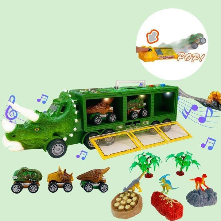 "Dinosaurie transportör med ljus och ljud för barn, grön leksaksbil med dinosauriedetaljer och bärhandtag."