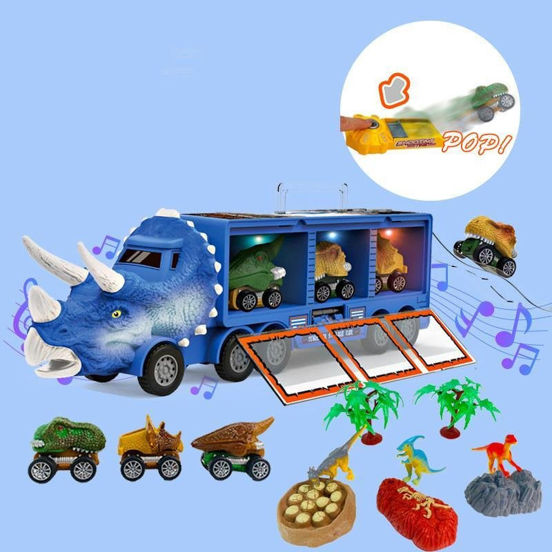 "Dinosaurie transportör med ljus och ljud för barn, grön leksaksbil med dinosauriedetaljer och bärhandtag."