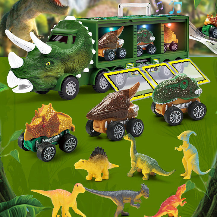 "Dinosaurie transportör med ljus och ljud för barn, grön leksaksbil med dinosauriedetaljer och bärhandtag."