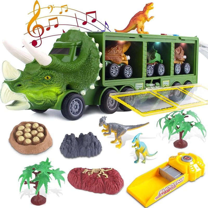 "Dinosaurie transportör med ljus och ljud för barn, grön leksaksbil med dinosauriedetaljer och bärhandtag."