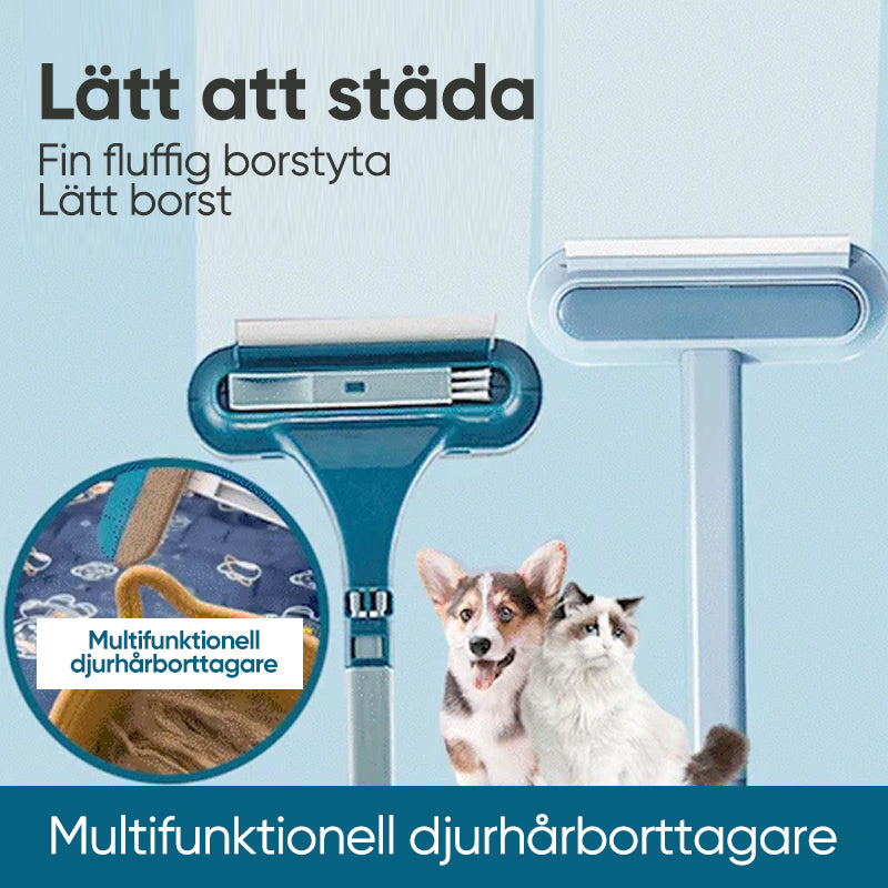 "Djurhårborttagare i ljusblå plast med ergonomiskt handtag för effektiv och återanvändbar rengöring av husdjurshår."