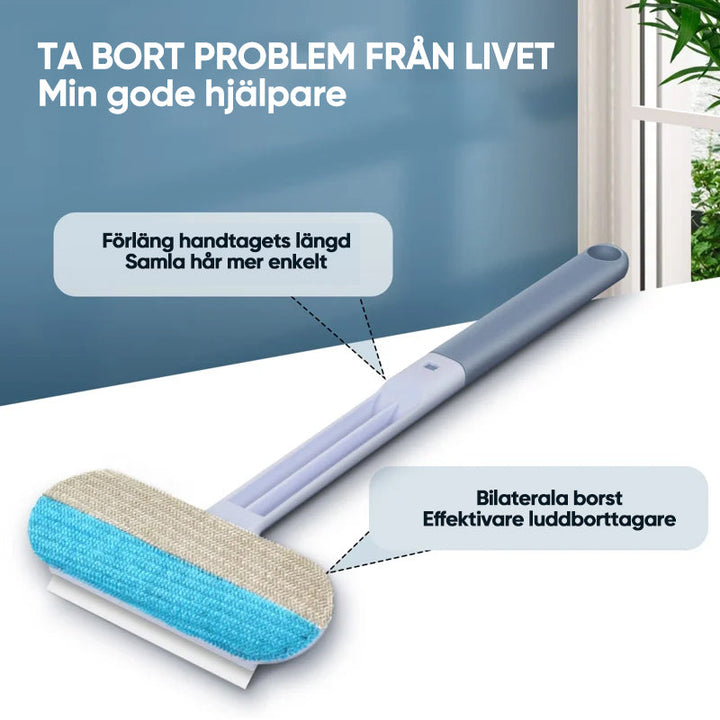 "Djurhårborttagare i ljusblå plast med ergonomiskt handtag för effektiv och återanvändbar rengöring av husdjurshår."