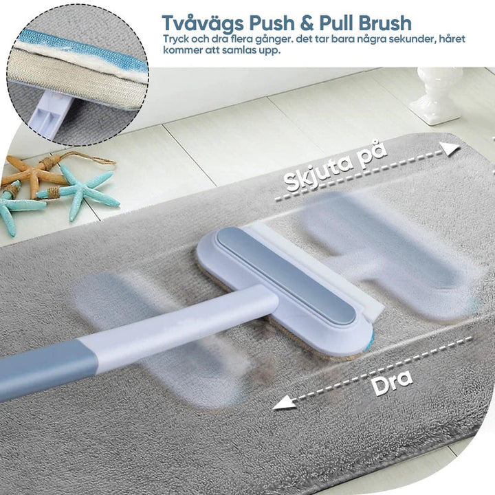"Djurhårborttagare i ljusblå plast med ergonomiskt handtag för effektiv och återanvändbar rengöring av husdjurshår."