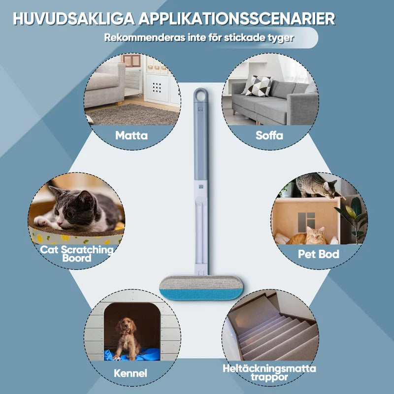 "Djurhårborttagare i ljusblå plast med ergonomiskt handtag för effektiv och återanvändbar rengöring av husdjurshår."