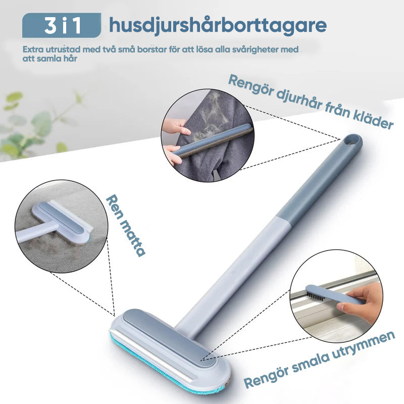 "Djurhårborttagare i ljusblå plast med ergonomiskt handtag för effektiv och återanvändbar rengöring av husdjurshår."