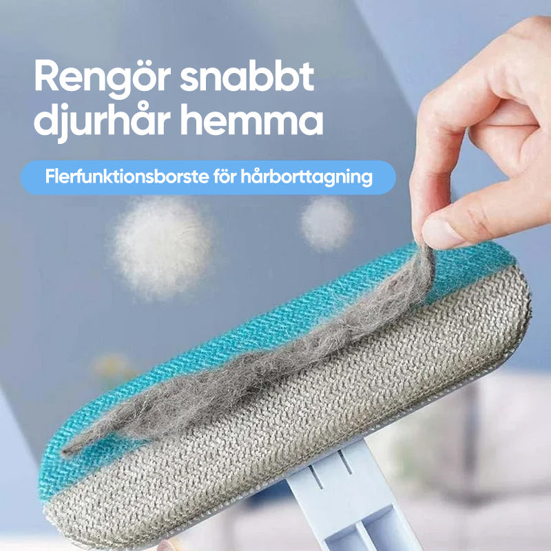 "Djurhårborttagare i ljusblå plast med ergonomiskt handtag för effektiv och återanvändbar rengöring av husdjurshår."