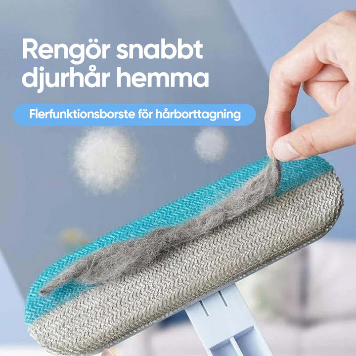 "Djurhårborttagare i ljusblå plast med ergonomiskt handtag för effektiv och återanvändbar rengöring av husdjurshår."