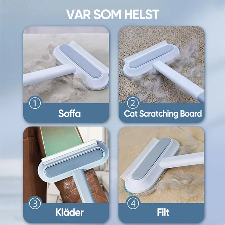 "Djurhårborttagare i ljusblå plast med ergonomiskt handtag för effektiv och återanvändbar rengöring av husdjurshår."